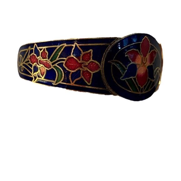 Cobalt Blue & Gold Floral Hinged Bracelet. Elegant Looking - Picture 3 of 6